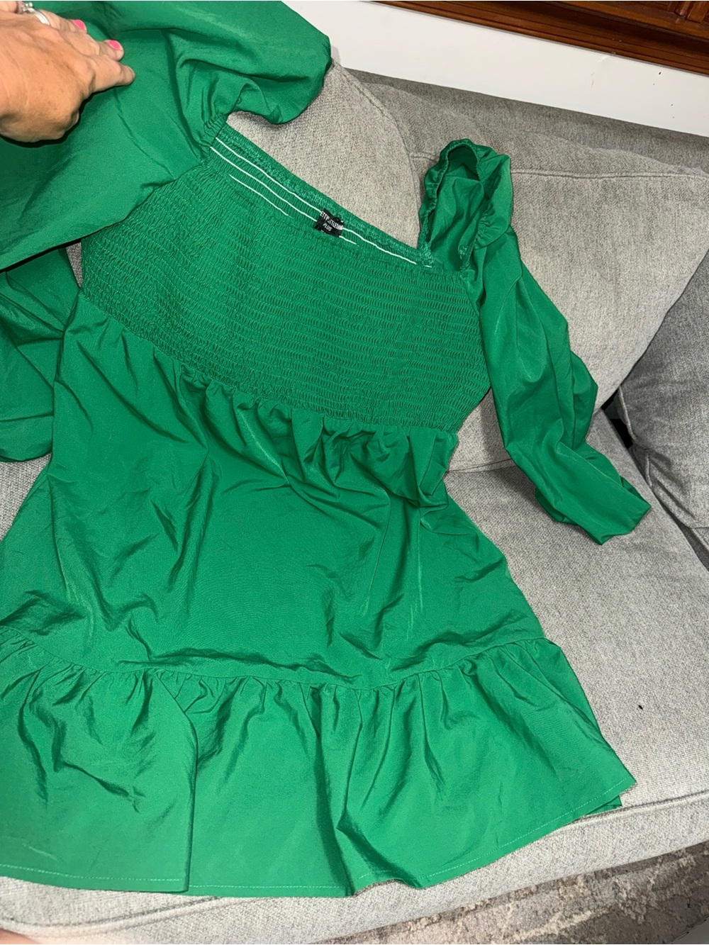 PrettyLittleThing Emerald Green Off-Shoulder Smocked Waist Long Sleeve Dress